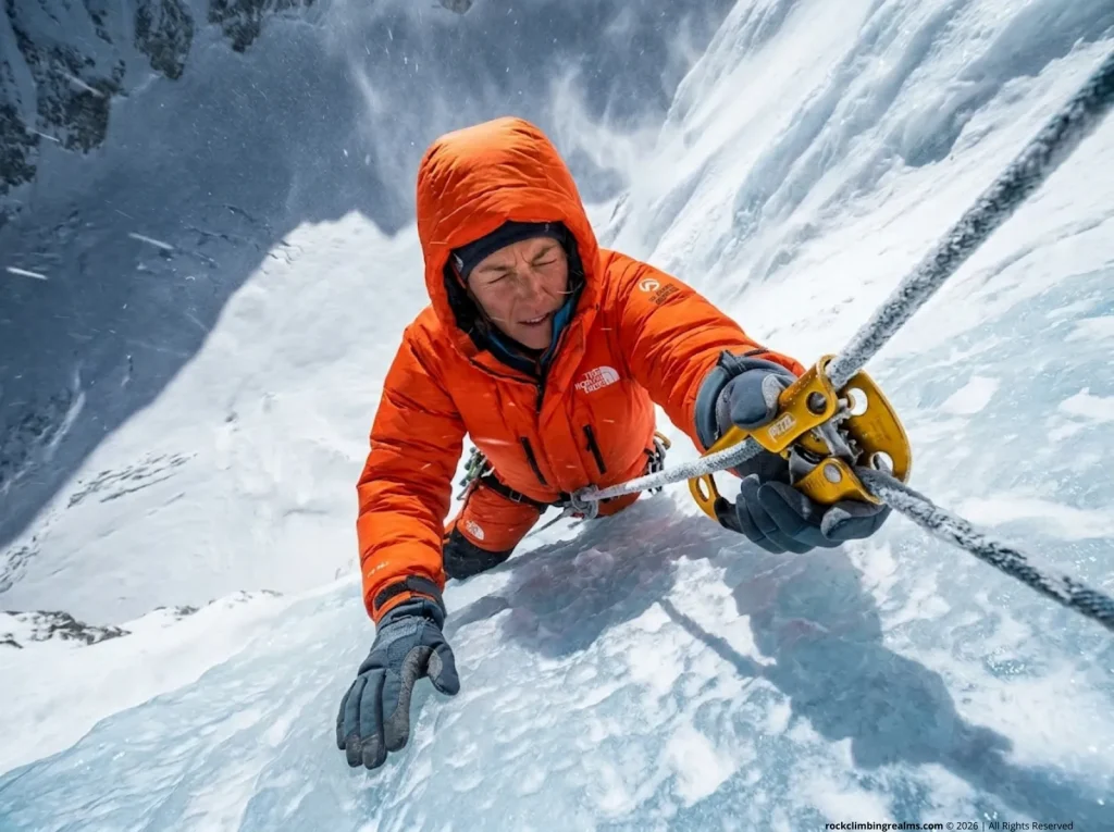 Mountaineer using a jumar on a steep ice headwall fixed line during an alpine ascent