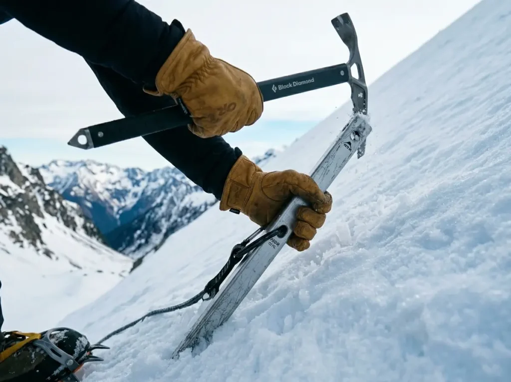 Close-up of MSR snow picket being driven into firm snow at a backward angle for mountaineering anchor