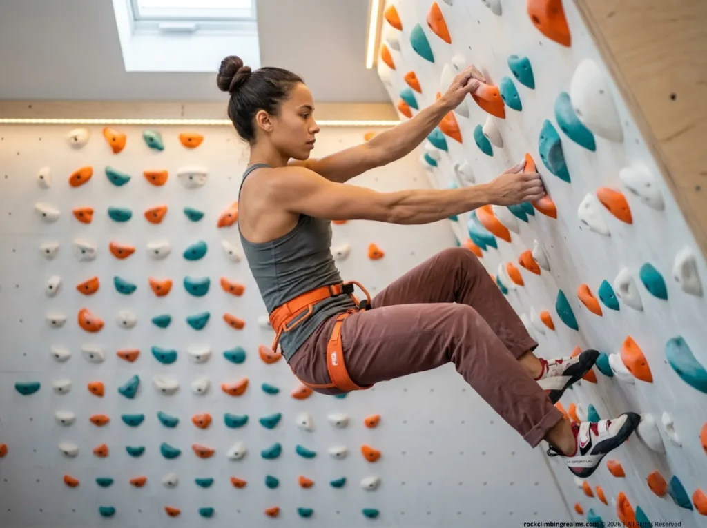 Female climber locking off on a 45-degree home training wall demonstrating maximum shoulder recruitment