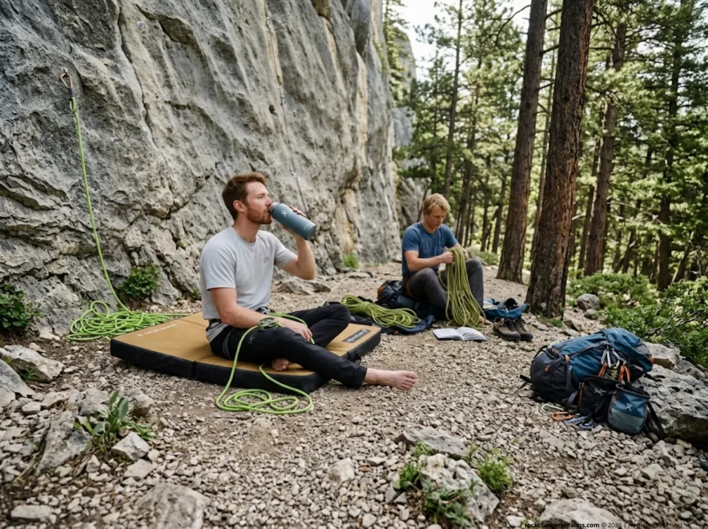 Two climbers at crag base showing warm-up rest versus session failure 