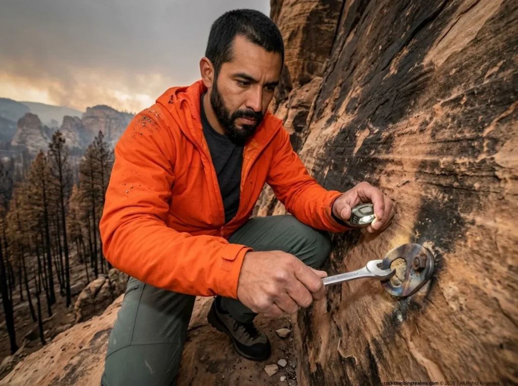 Climber inspecting fire-damaged bolt hanger on scorched sandstone cliff after wildfire in climbing area