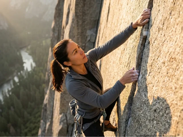 women-climbing-history-hero Female climber leading a granite crack route in Yosemite with Patagonia and Black Diamond gear during golden hour