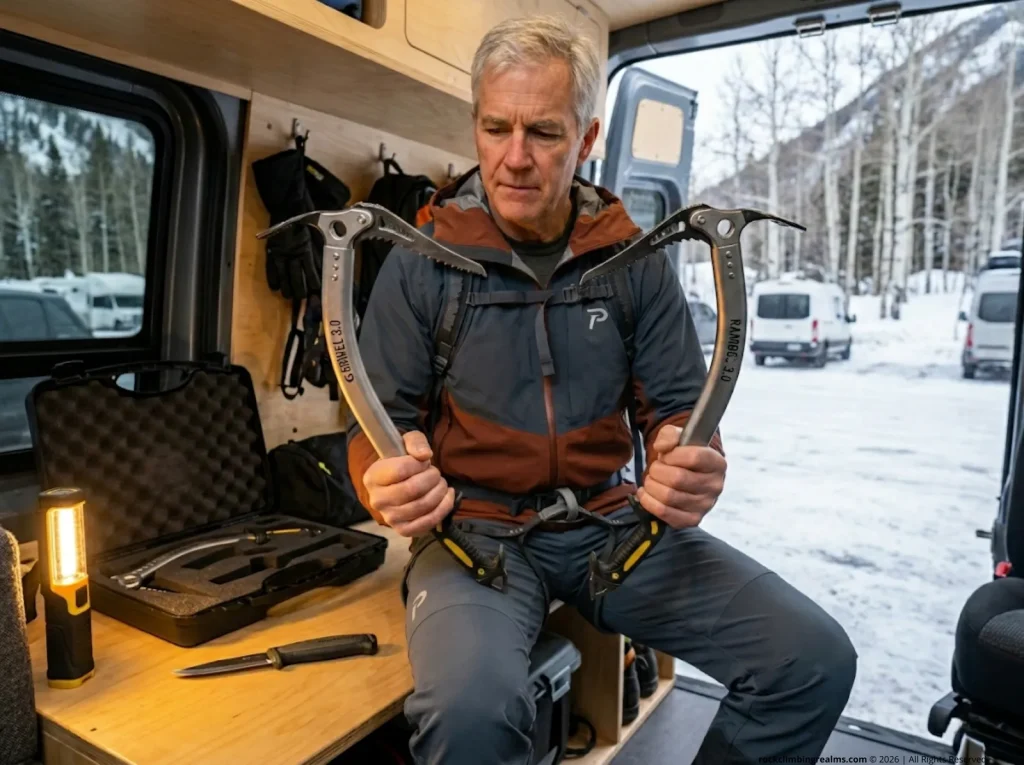 Experienced ice climber comparing worn Grivel pick to new one to assess retirement