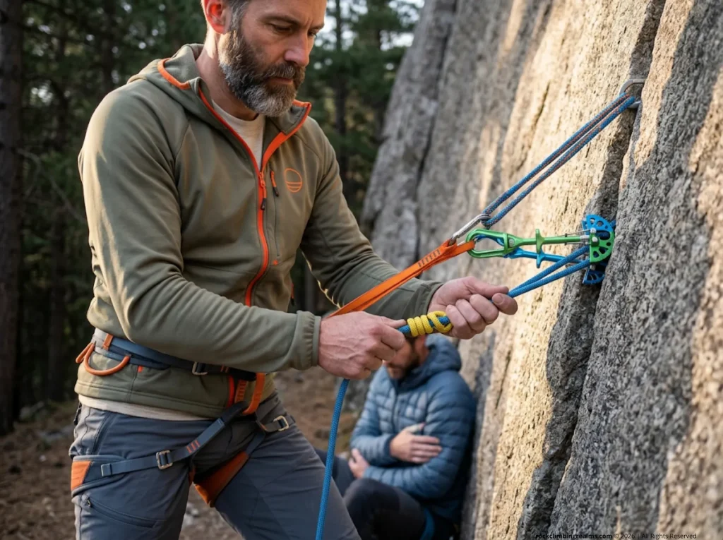 Climber rigging a 3:1 Z-drag system with climbing cams and Prusik for shoulder reduction traction