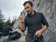 Why Your Carabiner’s Big kN Number Misleads You Climber reading the kN strength ratings stamped on a locking carabiner spine at the base of a route
