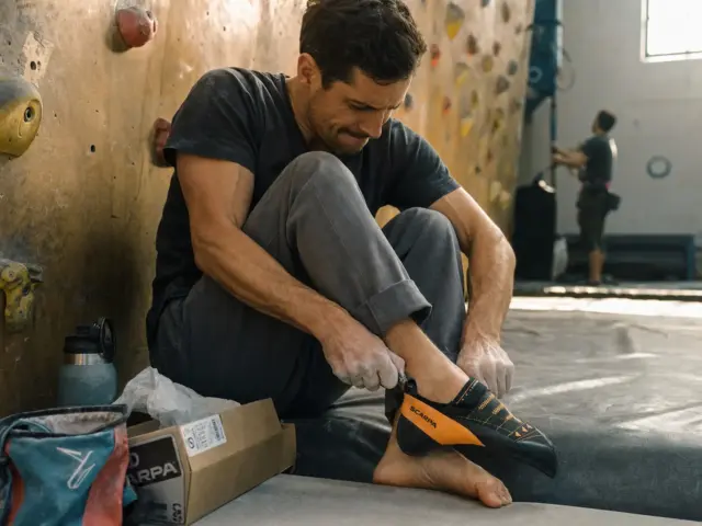 0-why-climbing-shoes-fit-so-tight-break-in Climber wincing while pulling on a new pair of tight climbing shoes at the gym before break in