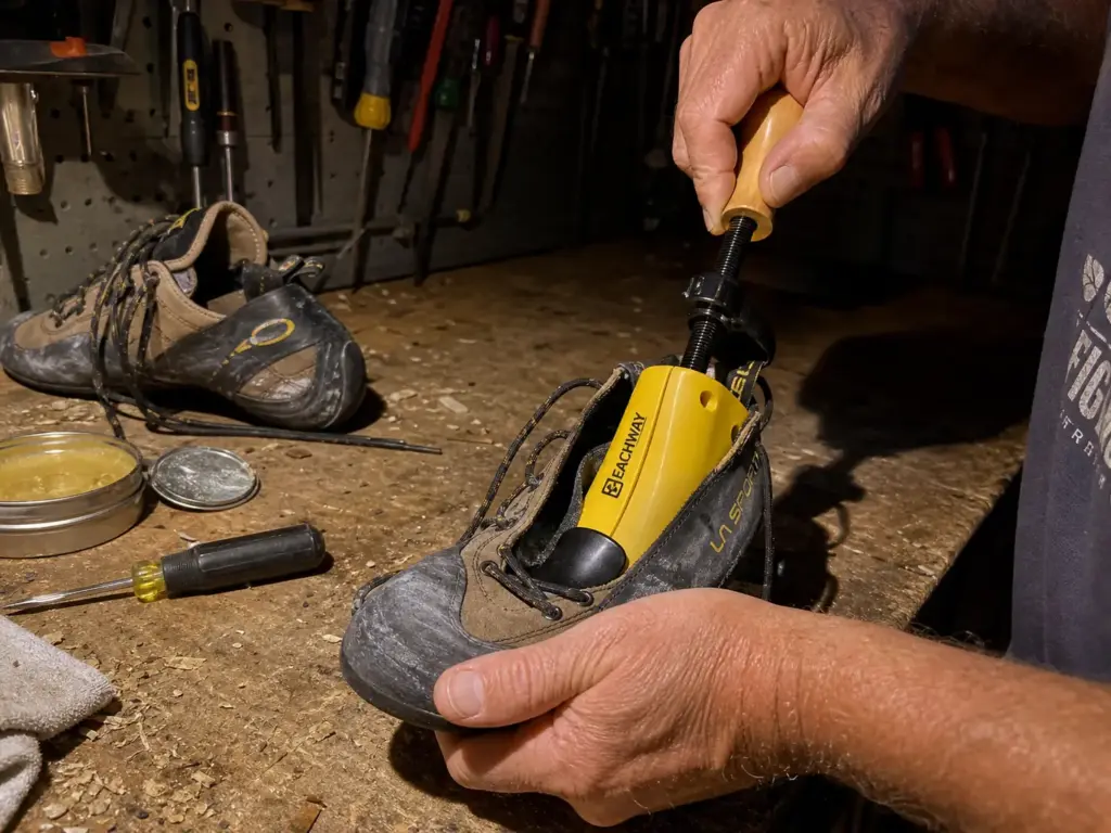 Two way shoe stretcher screwed into a climbing shoe on a workbench to widen the forefoot