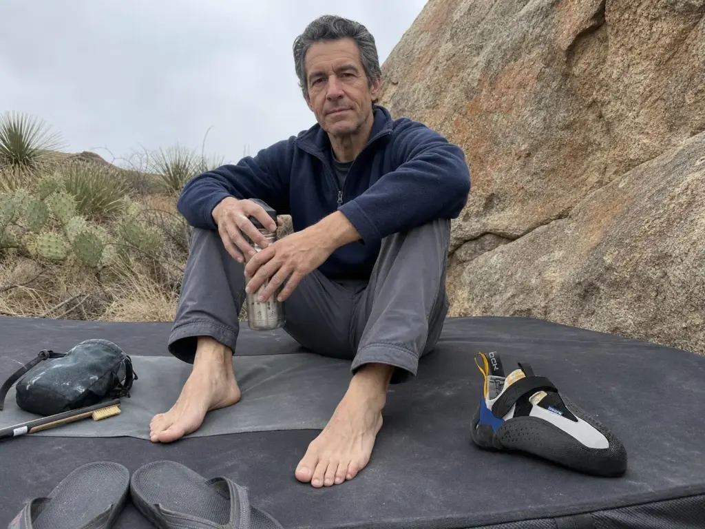 Experienced climber resting barefoot beside his aggressive climbing shoes between boulder attempts