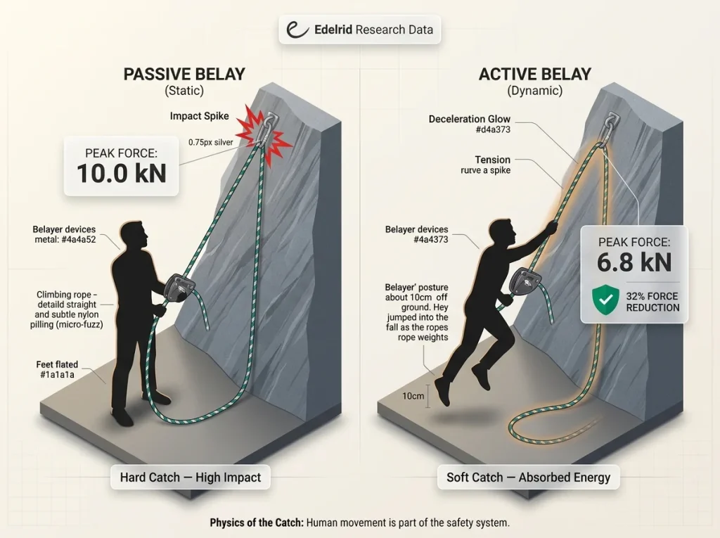 Comparison of active vs passive belay catches showing a 32% force reduction with jumping belayer technique and data.