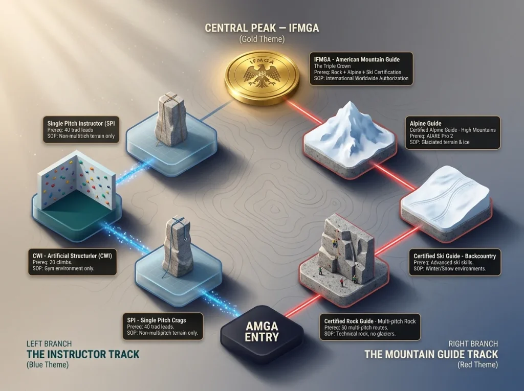 Infographic flowchart of the AMGA certification ecosystem showing Instructor and Guide tracks with prerequisites and SOP