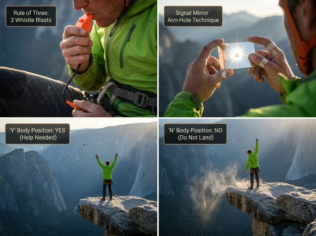 Photo sequence showing four analog rescue signaling techniques for climbing with whistle, mirror, and helicopter body signals