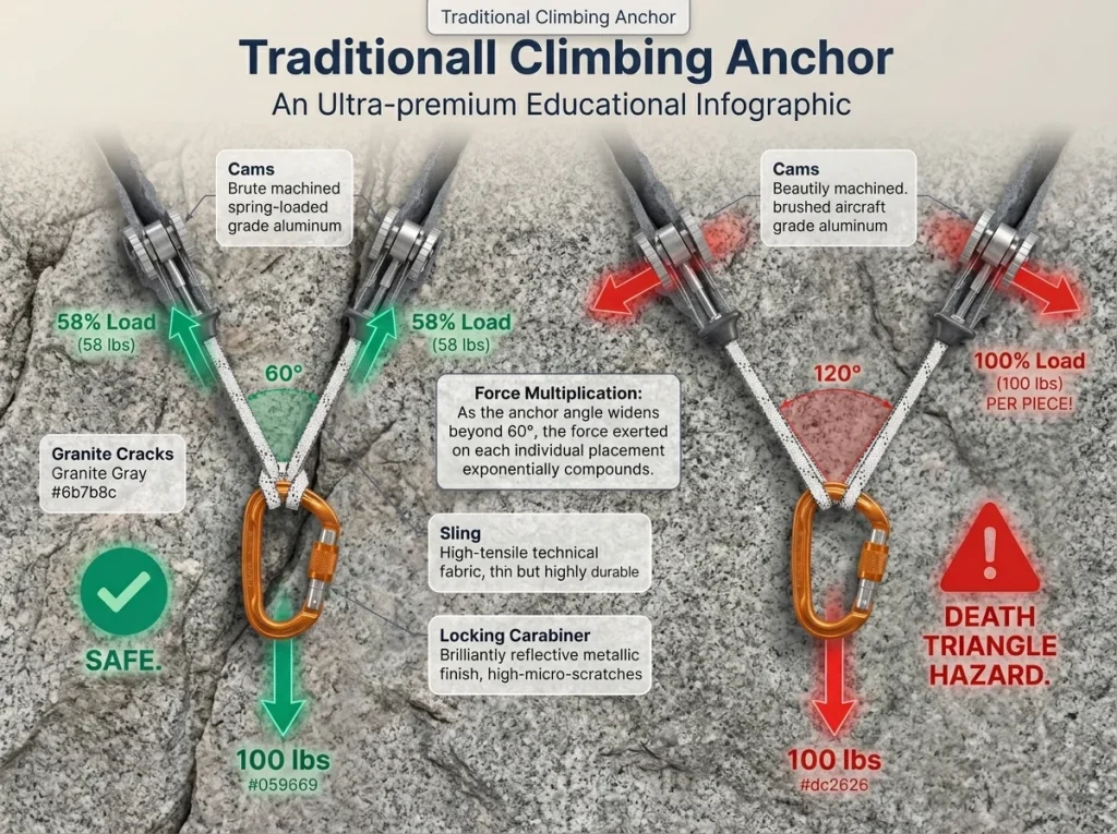 Infographic showing climbing anchor force vectors with labeled angles, load percentages, and force distribution math