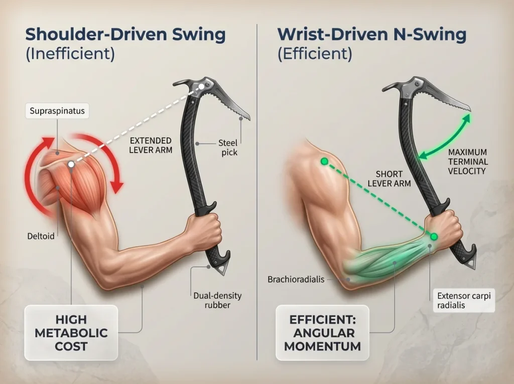 Infographic comparing shoulder-driven vs. wrist-driven ice tool swings with lever arm labels and muscle identification
