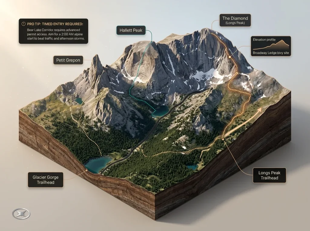 Infographic showing Bear Lake Road climbing approach paths with labeled trailheads, distances, and elevation profiles