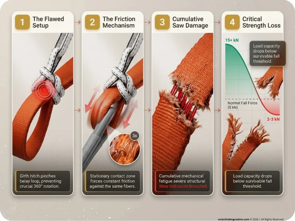 Infographic showing 4-stage belay loop failure sequence with girth hitch friction, webbing saw damage, and strength drop graph