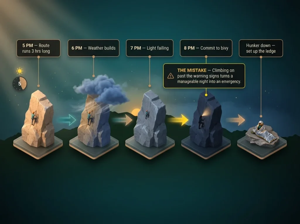 Timeline infographic showing how a climbing benightment unfolds hour by hour with the critical mistake point marked