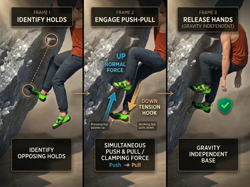 Infographic showing three-step bicycle climbing technique with foot placement, simultaneous push-pull tension, and hand movement