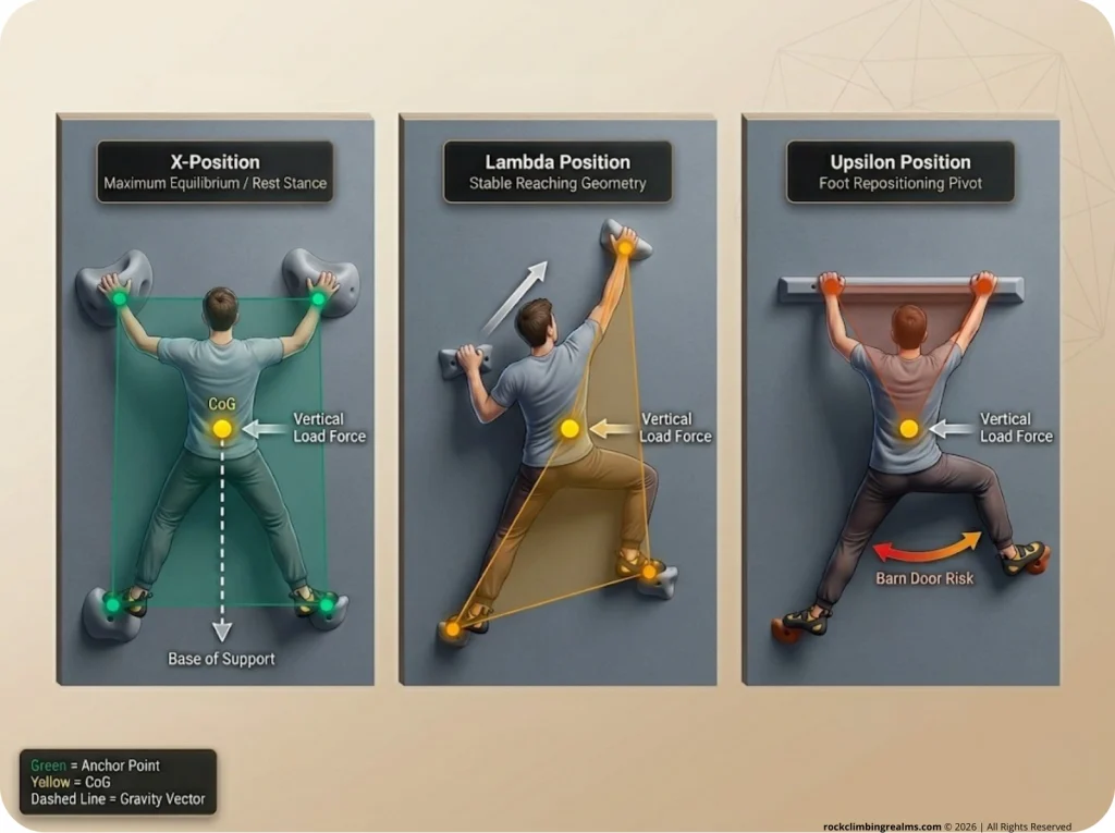 Infographic showing X, Lambda, and Upsilon climbing positions with labeled contact points and center of gravity vectors