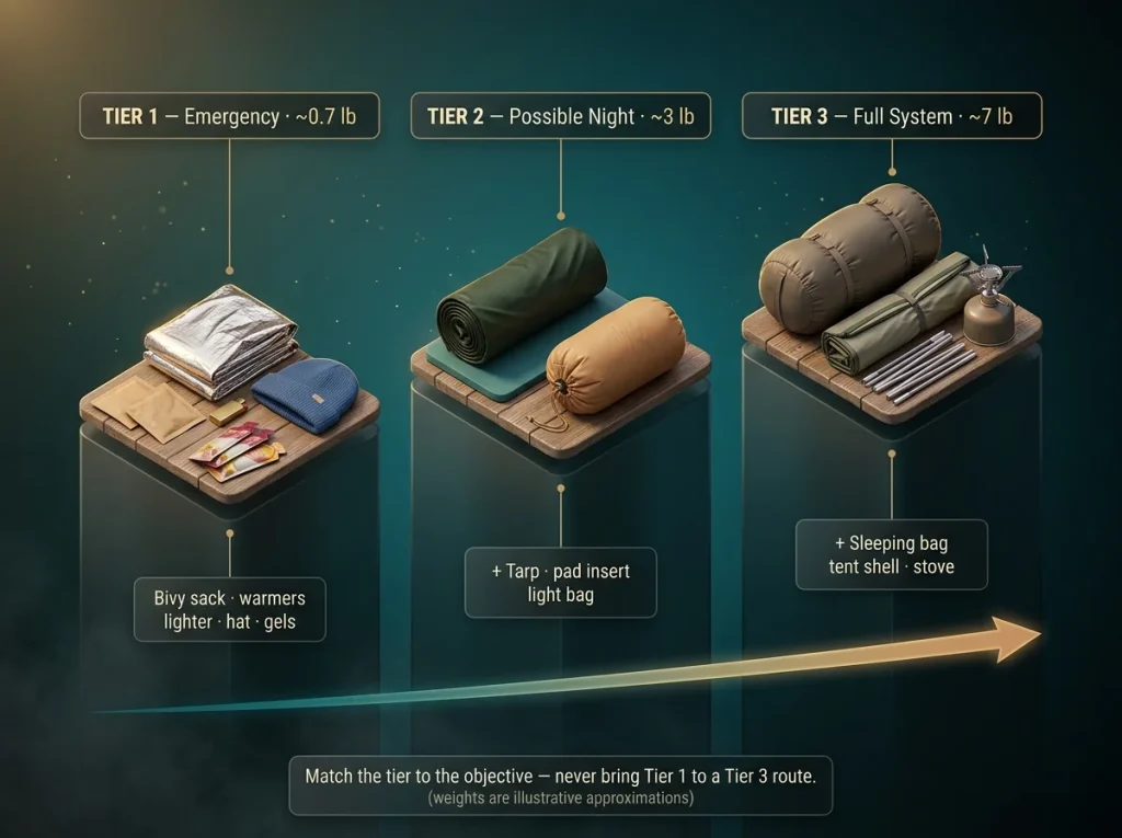 Infographic comparing the three-tier bivouac kit system for climbers with gear contents and approximate weights per tier