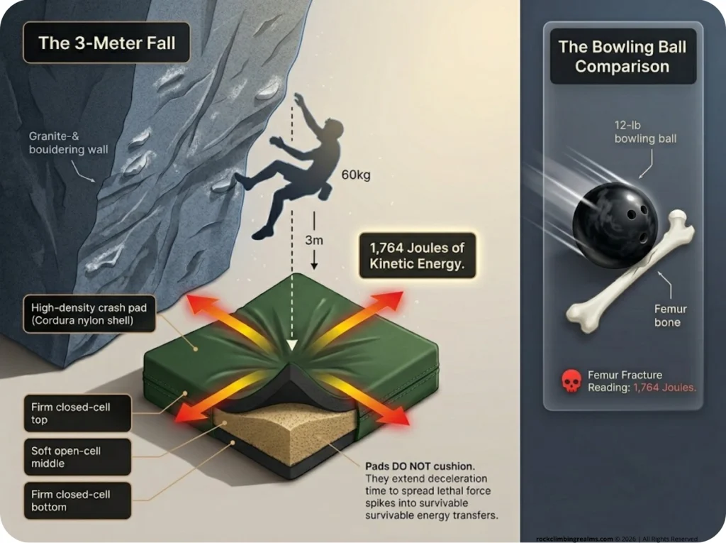 Infographic showing bouldering fall physics with energy callouts, crash pad compression, and bowling ball impact comparison