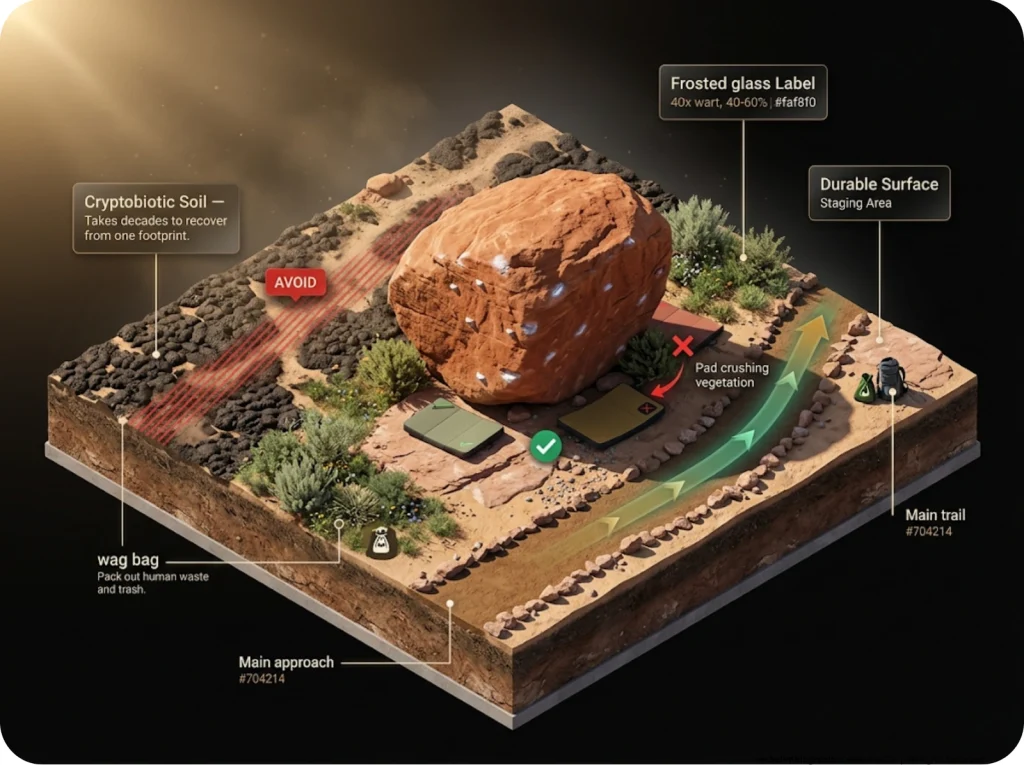 Infographic map showing bouldering area social trails, fragile vegetation zones, and proper crash pad placement
