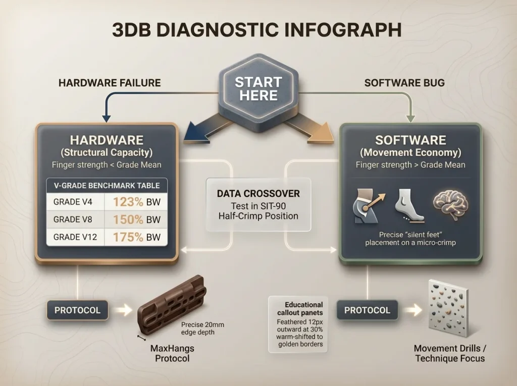 Diagnostic flowchart titled The Bouldering Plateau Diagnostic Matrix showing hardware vs software branches with finger strength benchmarks