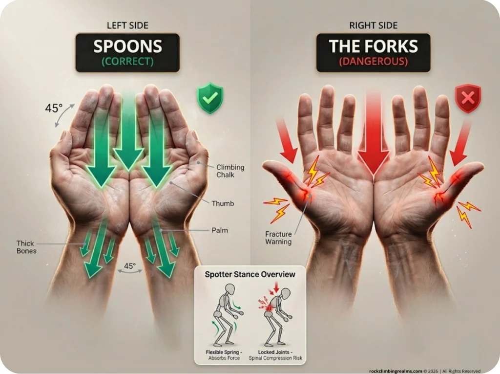 Infographic showing correct spoons versus dangerous forks bouldering spotter hand positions with force distribution arrows