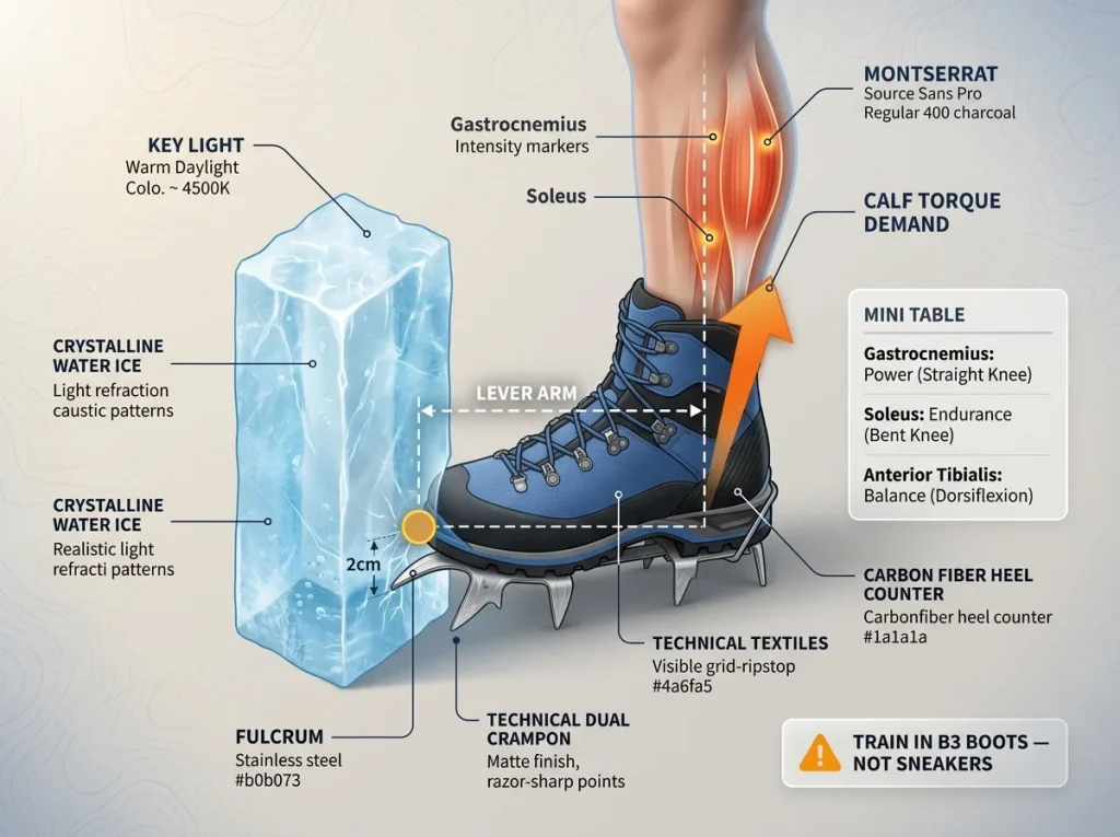 Lever diagram of lower leg on a front-pointed crampon with calf force arrows, lever arm labels, and training table