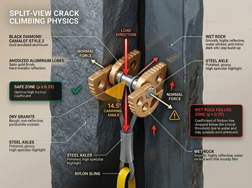 Force diagram of a climbing cam in a parallel crack showing safe and wet failure friction zones