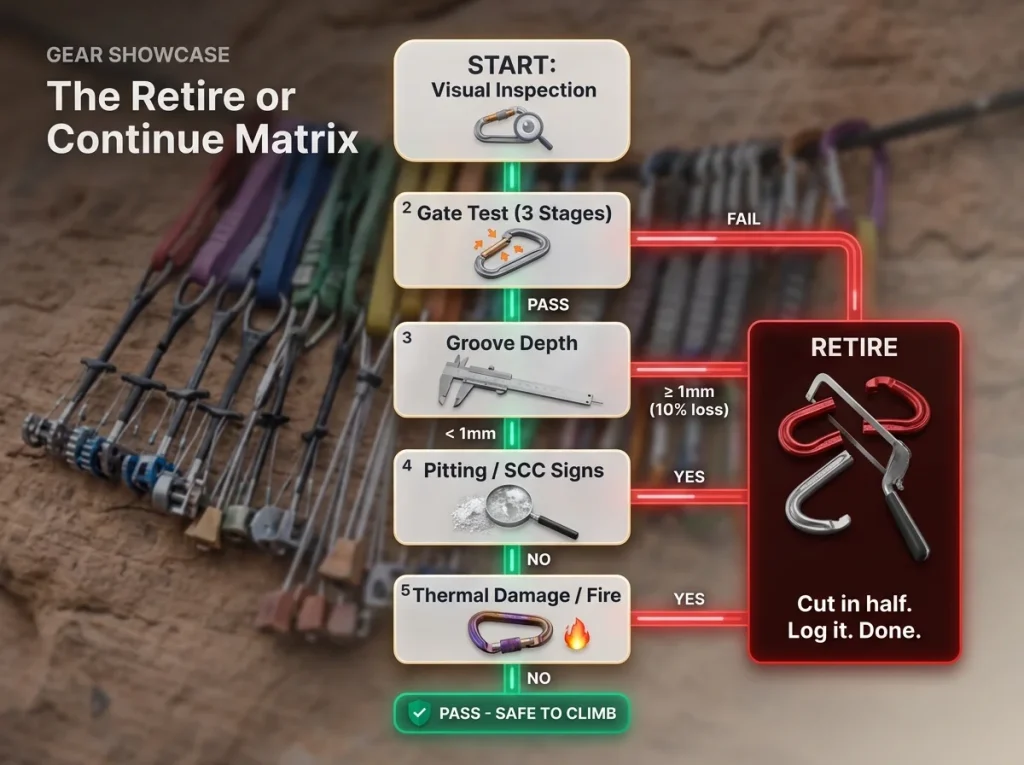 Infographic showing the retire or continue decision matrix for climbing carabiner inspection