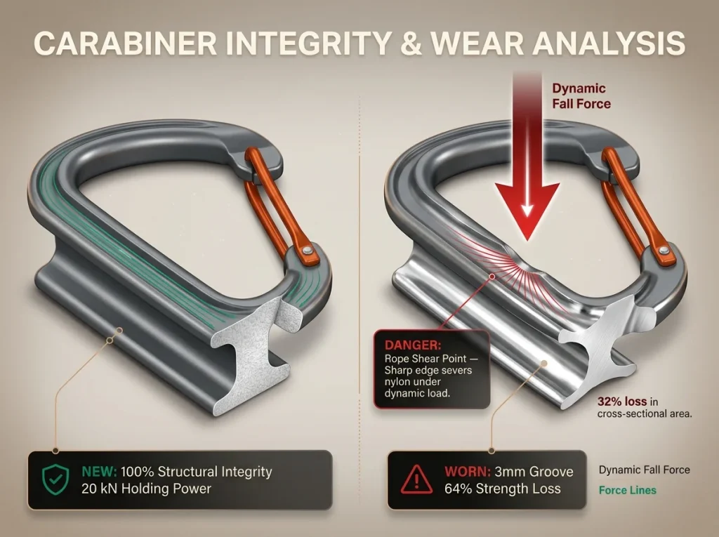 Infographic showing carabiner wear with cross sections and force vectors explaining the 3mm groove shear point risk