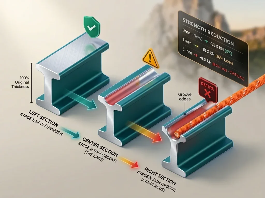 Infographic showing carabiner wireframe cross-sections with a 1mm wear groove and 10% retirement threshold