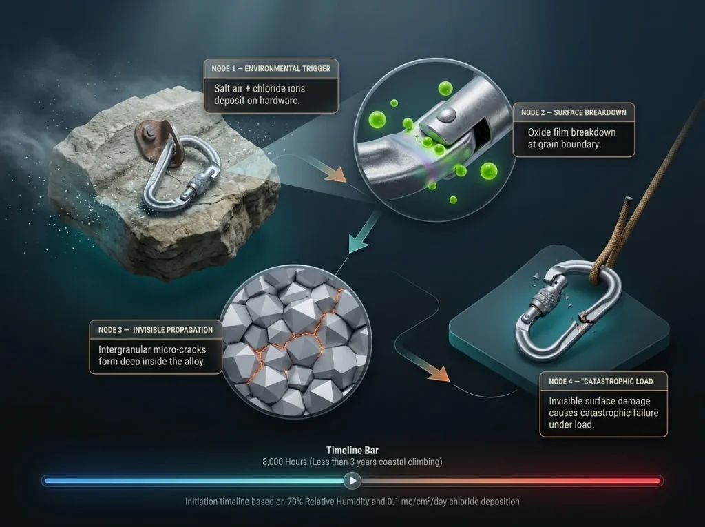 Infographic showing the invisible stress corrosion cracking process in aluminum carabiners exposed to salt air
