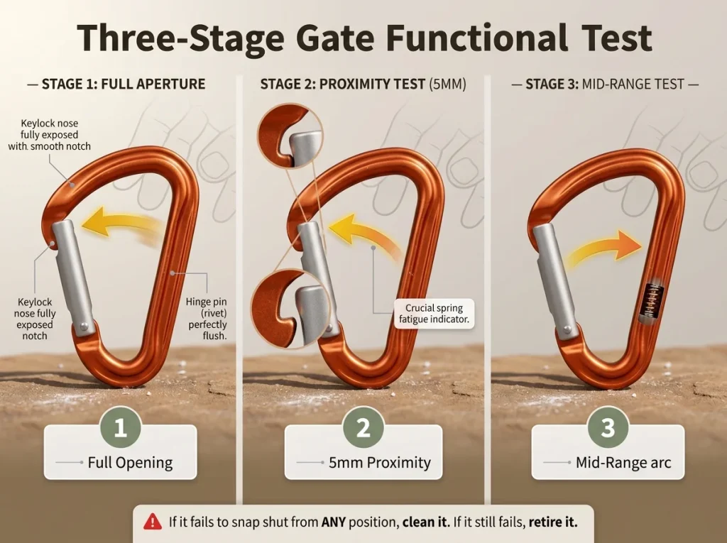 Infographic showing the three-stage carabiner gate test with exact open positions and expected snap directions