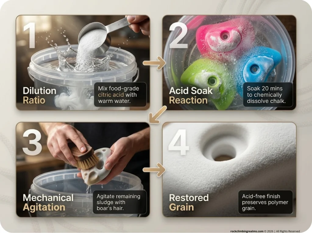 Infographic showing 4-part climbing hold cleaning sequence with citric acid dilution, soaking, brushing technique, and restored friction texture