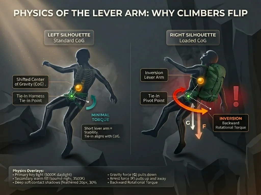 Infographic showing the physics of climber inversion with center of gravity shift, lever arm length, and torque vectors