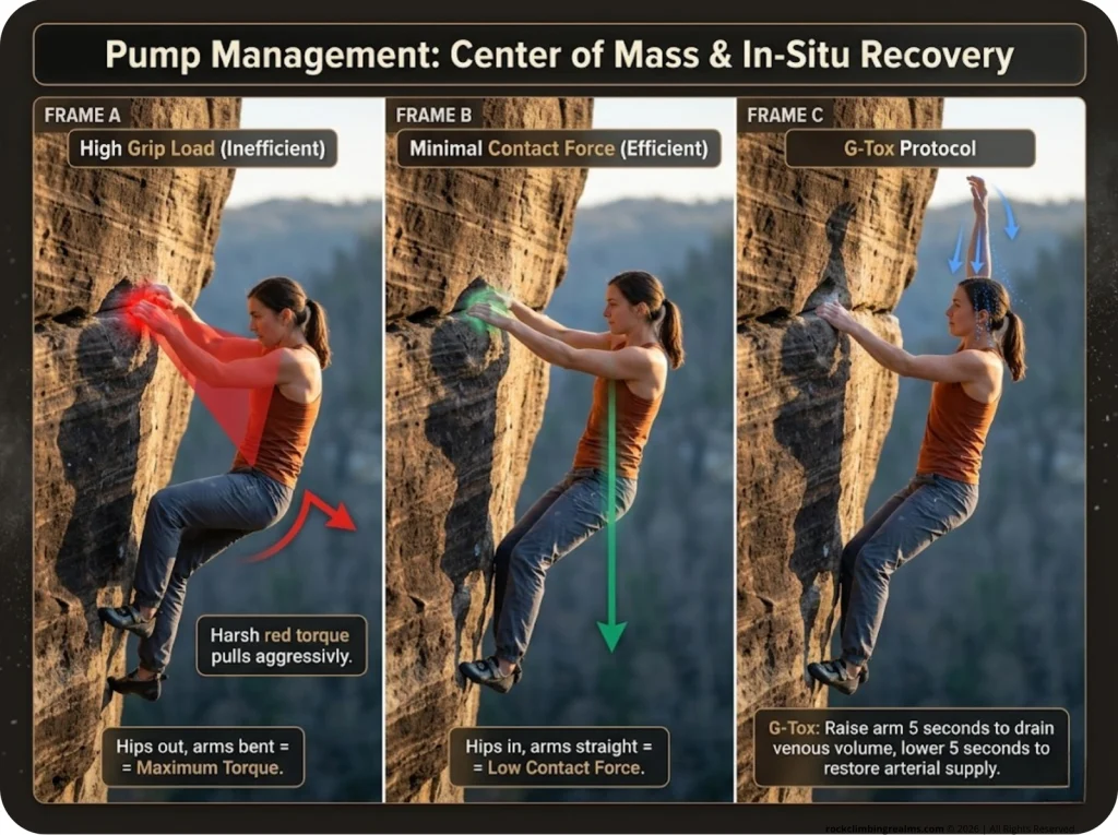 Photographic sequence showing climber hips position and G-Tox recovery technique to minimize contact force on a rock face