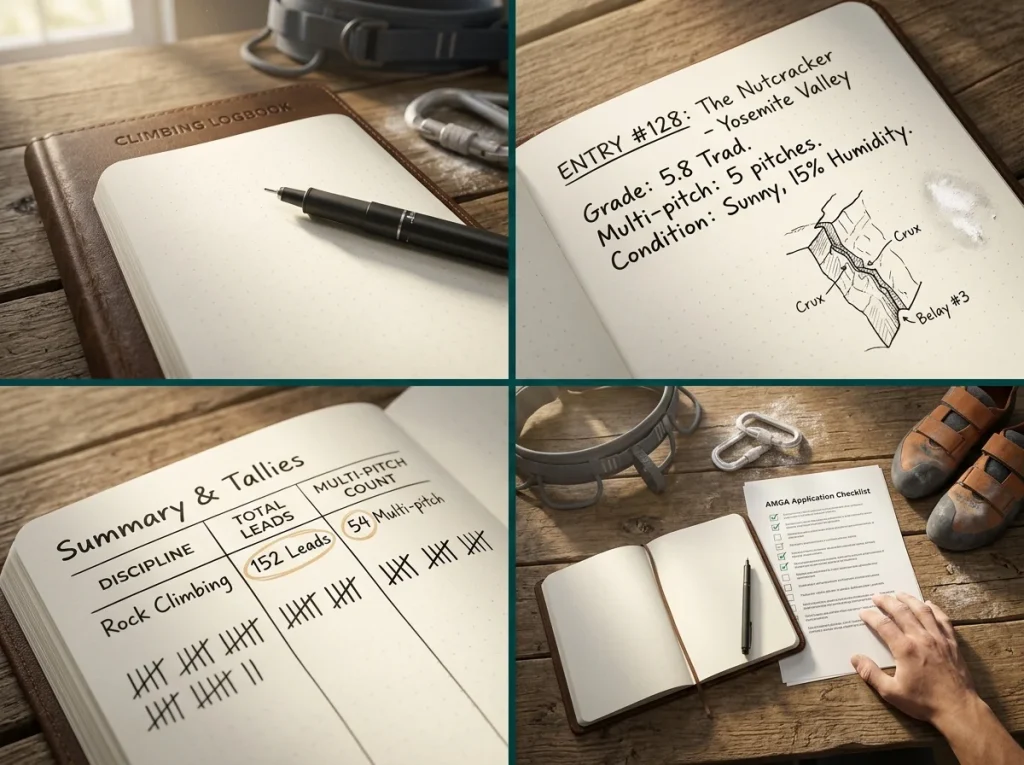 4-panel cinematic photo sequence showing a climber's logbook from blank page to completed AMGA application checklist