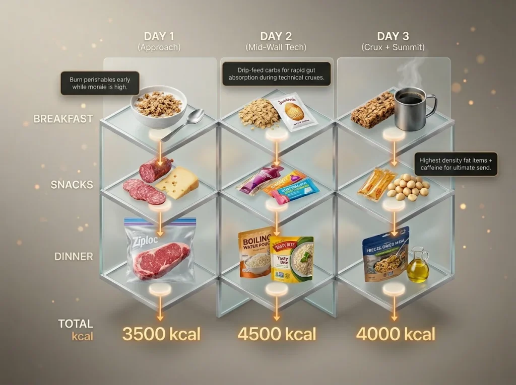 Infographic showing multi-day climbing menu matrix with daily breakdown of breakfast, snacks, and dinner by macronutrient