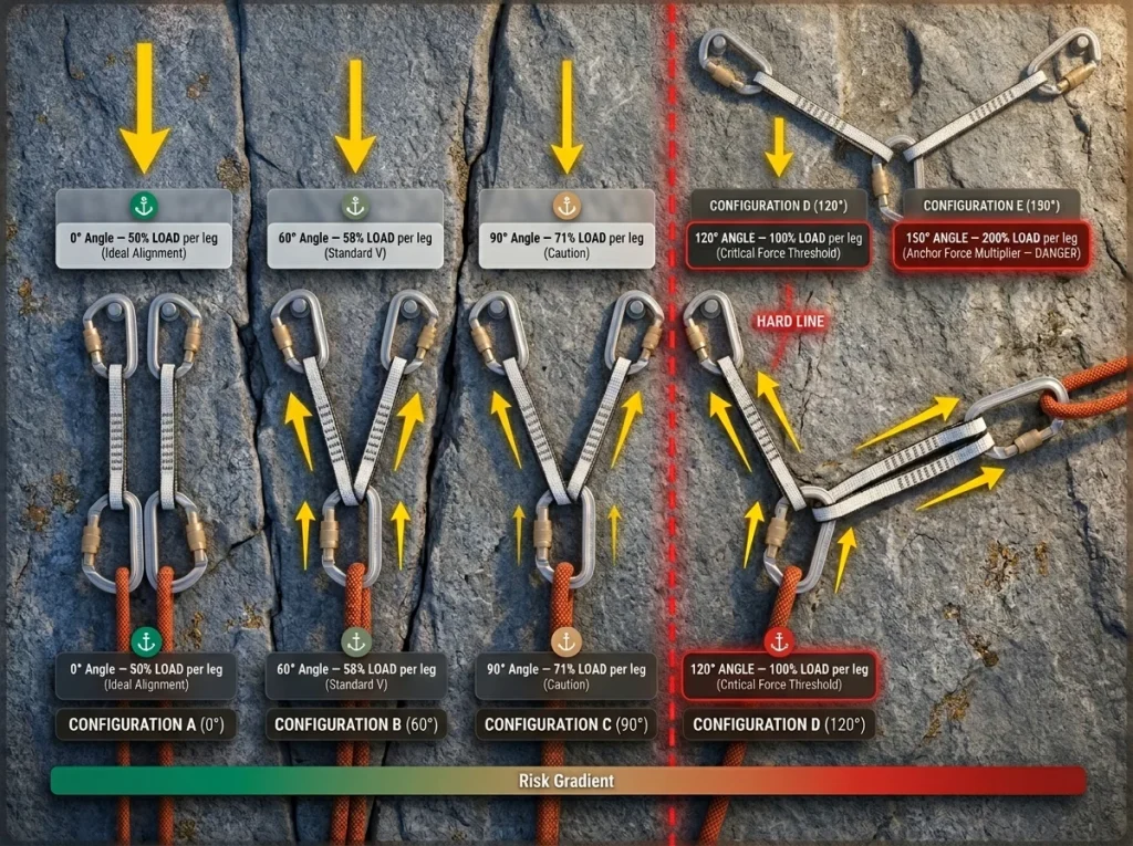 Technical infographic of climbing anchor angles (0° to 150°) showing load per leg and the critical 120° safety threshold