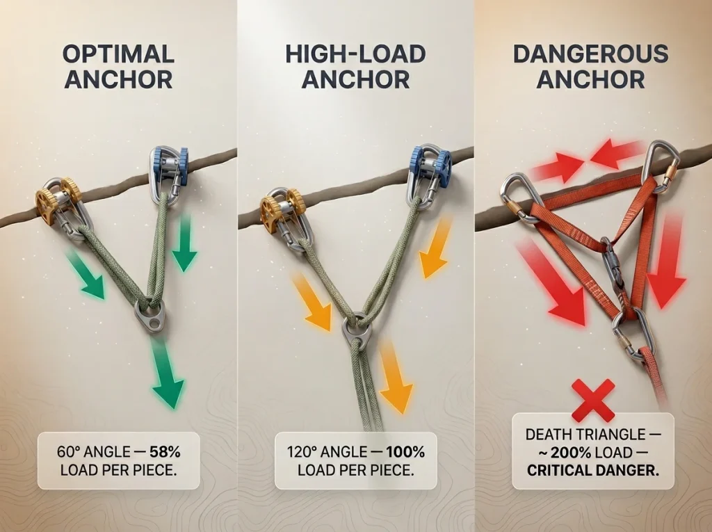 Technical infographic of climbing bail anchors showing load distribution for 60°, 120°, and the American Death Triangle.