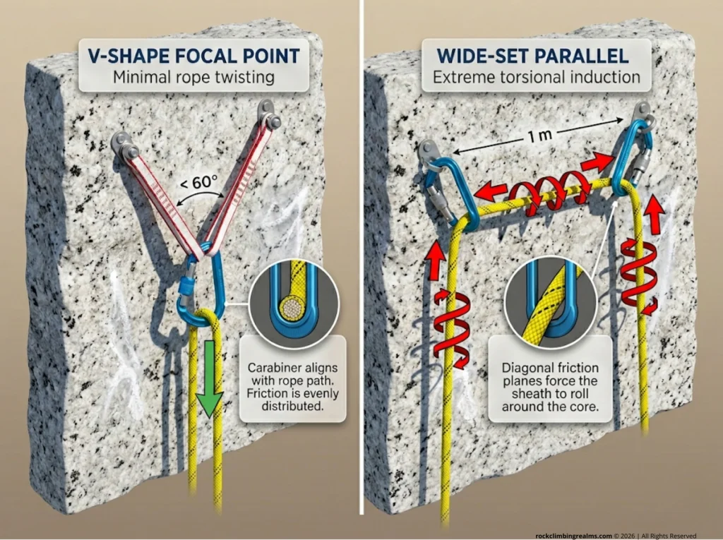 Infographic comparing V-shape vs wide-set climbing anchors with force vectors and rope friction cross-section diagrams