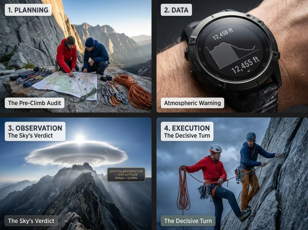 Four-panel photo sequence showing route review, barometric drop on altimeter, lenticular clouds, and team retreat mid-climb.