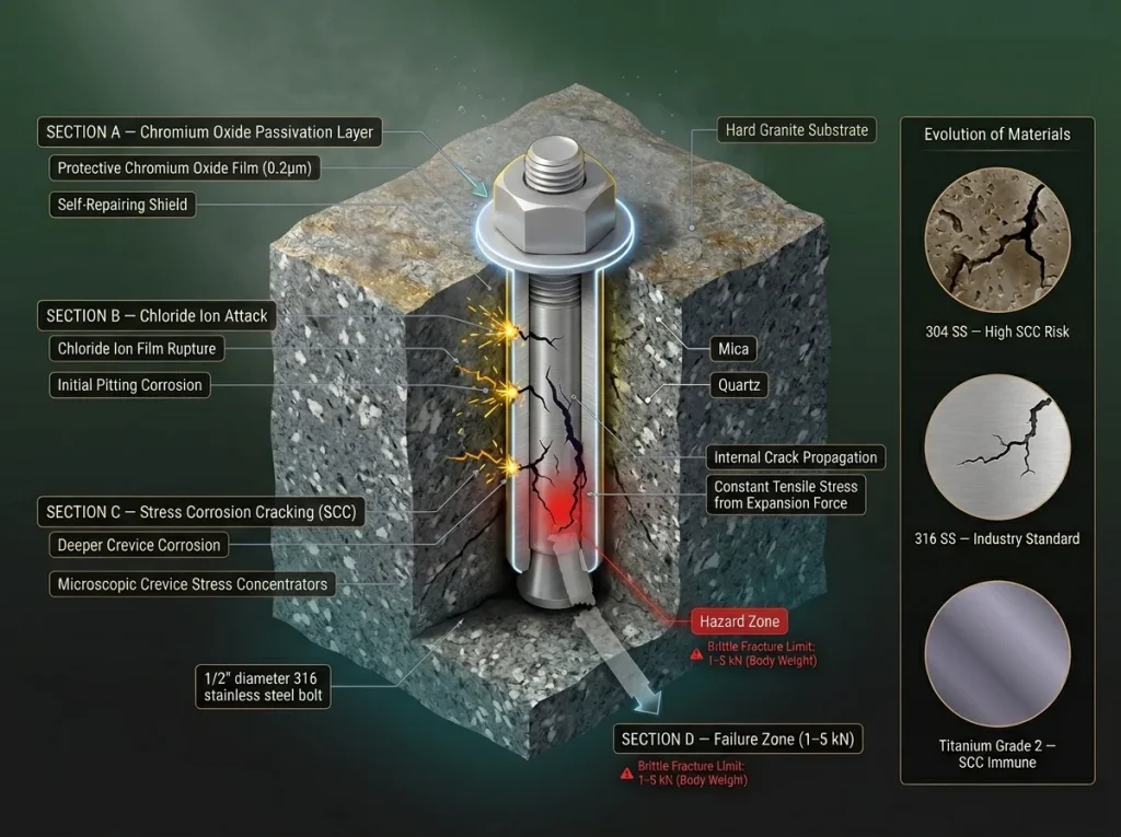 Cross-section diagram of a 316 stainless steel bolt in rock showing Stress Corrosion Cracking (SCC) failure points