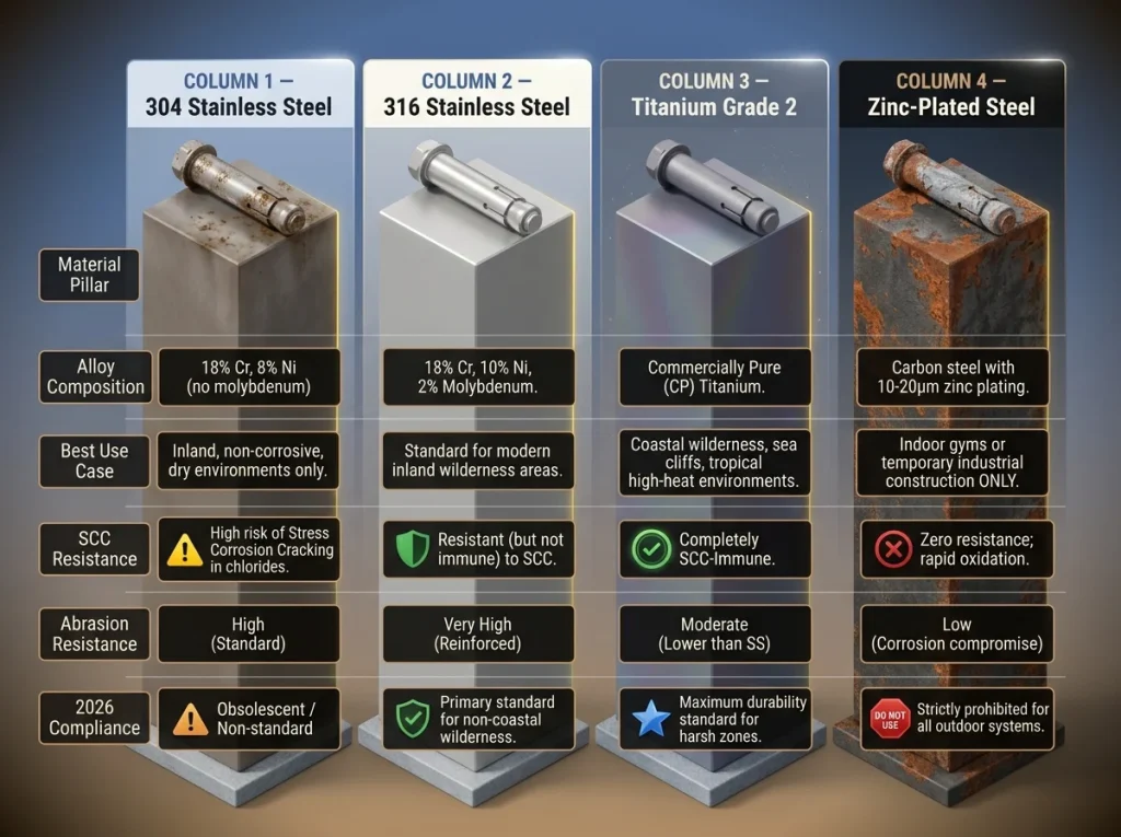 Infographic table comparing 304 SS, 316 SS, Titanium Grade 2, and Zinc-Plated Steel for wilderness climbing anchors