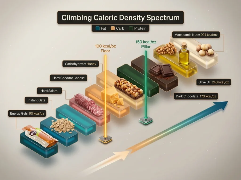 Infographic showing calorie density spectrum of climbing foods with macronutrient coding and 100/150 kcal/oz thresholds