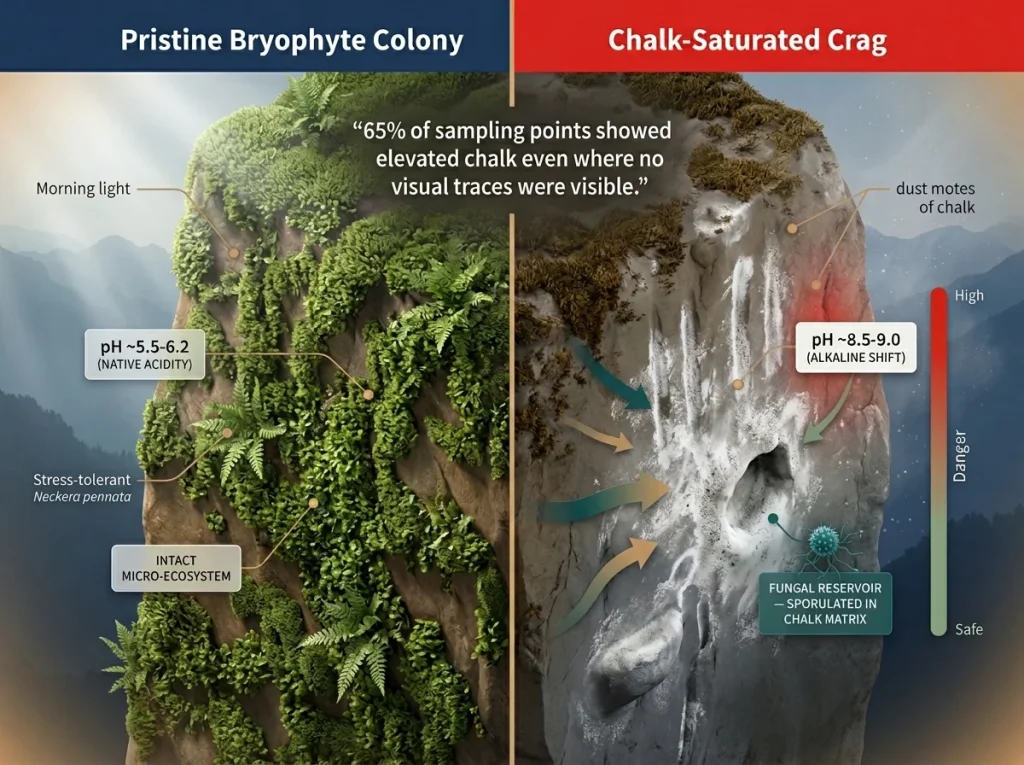 Infographic comparing native limestone with chalk-impacted cliff face showing pH shifts and fungal reservoir details
