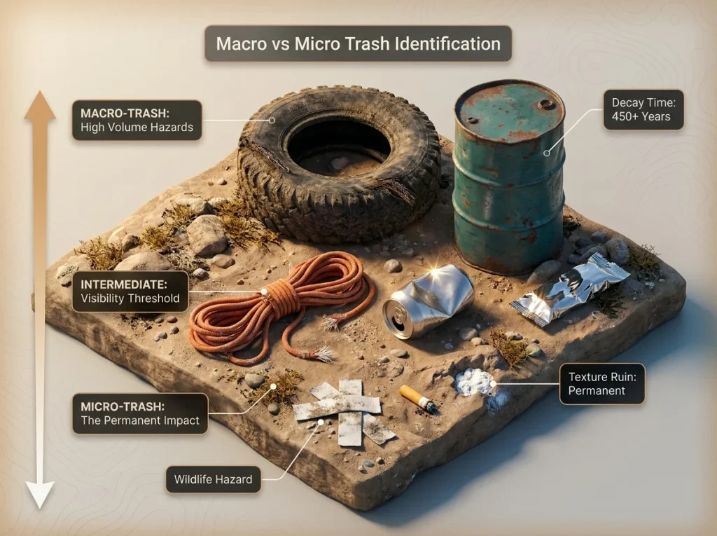 Infographic comparing macro vs micro trash at a climbing crag with size labels and decomposition risk markers