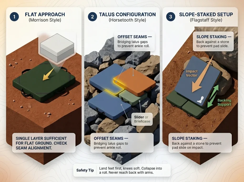 Three-frame guide showing crash pad setups for flat, talus, and sloped bouldering terrain with safety labels.