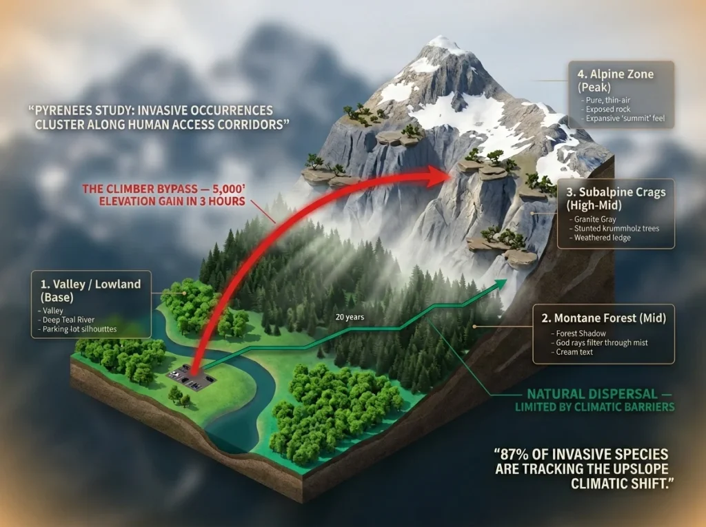 Elevation cross-section showing climber movement vs. natural species dispersal with ecological labels and data data pull quotes